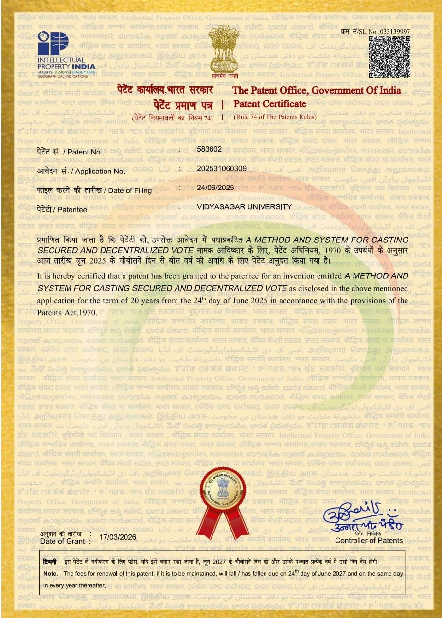 IPO has granted the patent to Vidyasagar University (Patentee).  Inventor: Arnab Sadhu